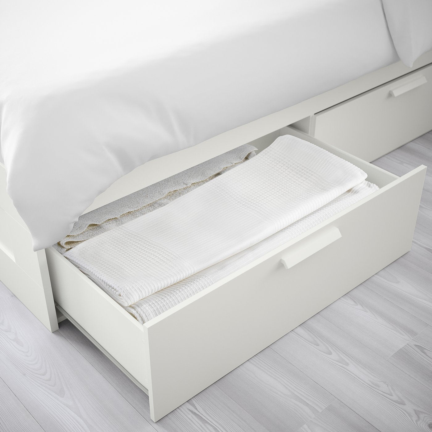 BRIMNES bed frame with storage, white/Lillhällan, 140x200 cm