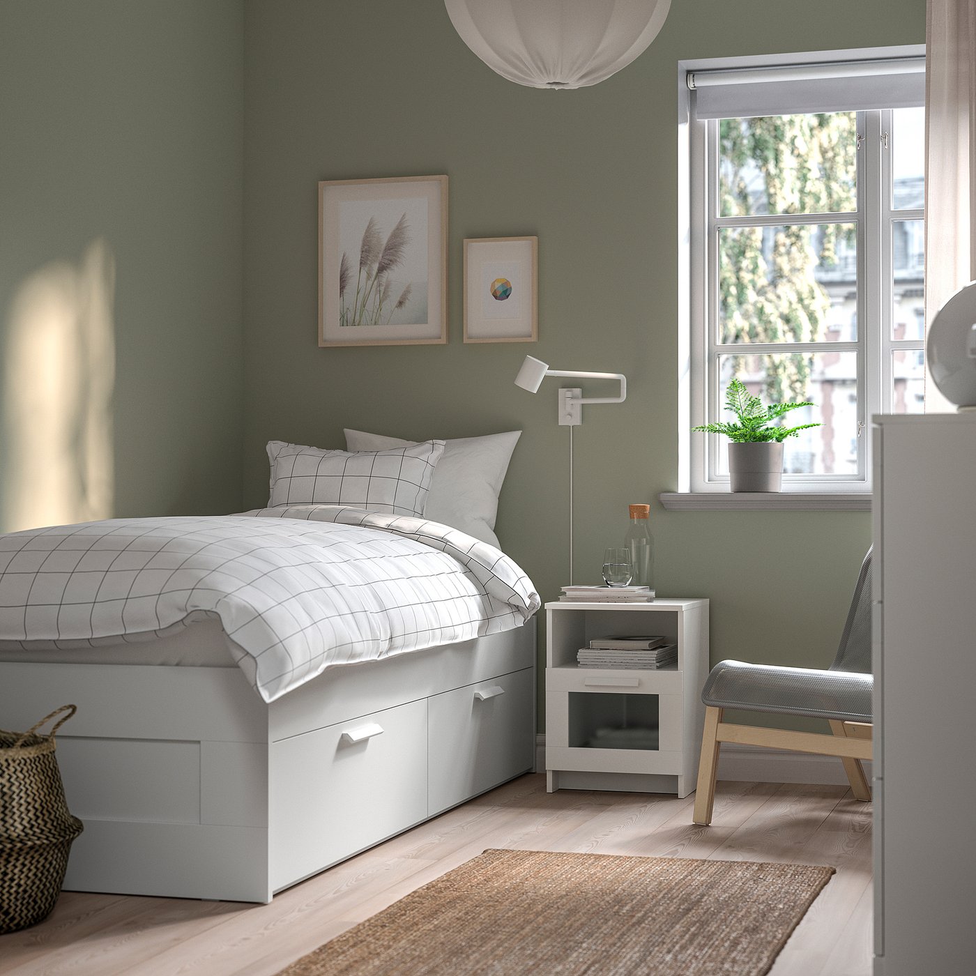 BRIMNES bed frame with storage, white/Lillhällan, 90x200 cm