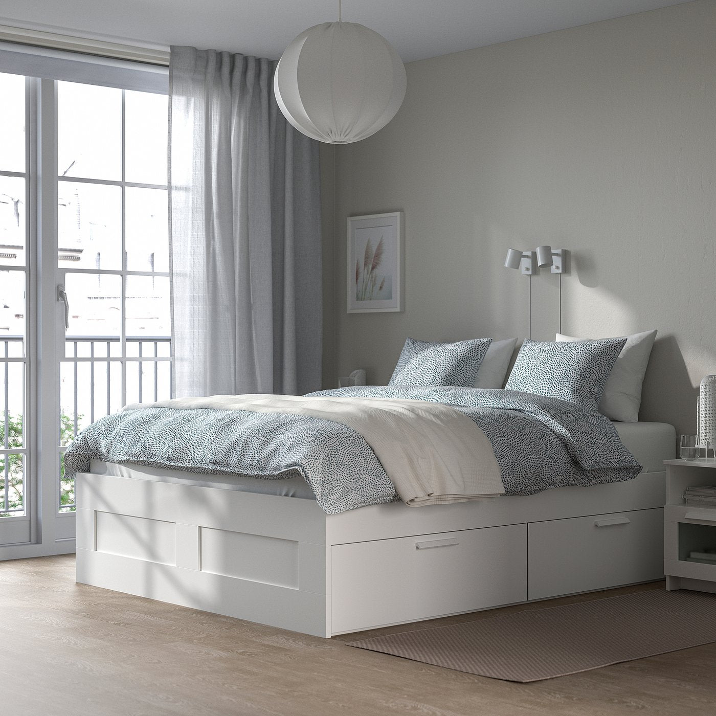 BRIMNES bed frame with storage, white/Lillhällan, 140x200 cm