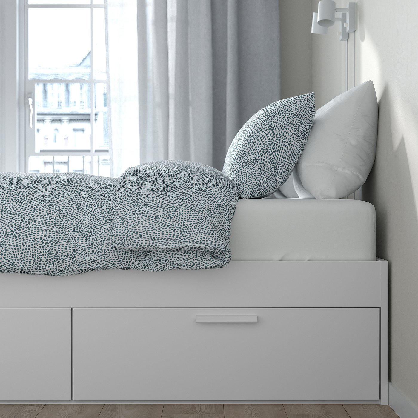 BRIMNES bed frame with storage, white/Lillhällan, 140x200 cm