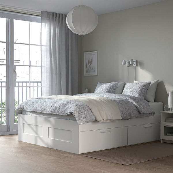 BRIMNES Bed frame with drawers, white / Lindbåden,140x200 cm , 140x200 cm