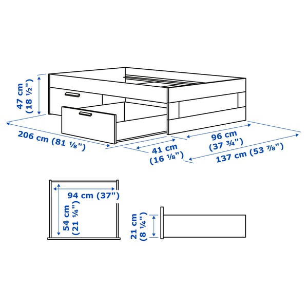 BRIMNES - Bed frame with drawers, white/Lönset, 90x200 cm