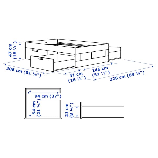 BRIMNES Bed frame with drawers - white/Lönset 140x200 cm , 140x200 cm