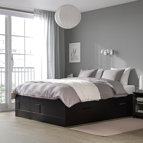 BRIMNES Bed frame with drawers, black / Lindbåden,140x200 cm