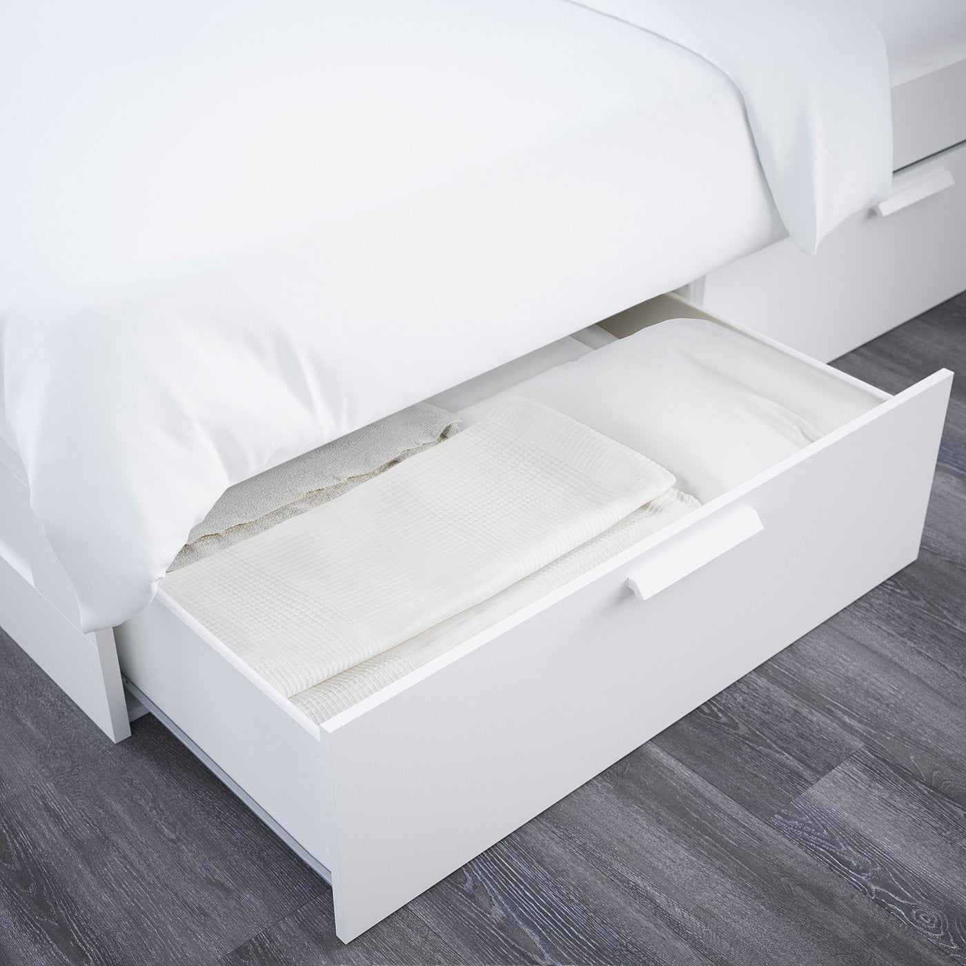 BRIMNES bed frame w storage and headboard, white/Lillhällan, 140x200 cm