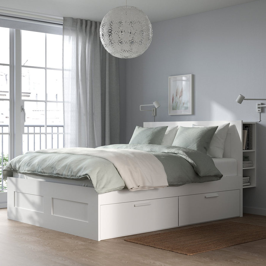 BRIMNES bed frame w storage and headboard, white/Lillhällan, 140x200 cm