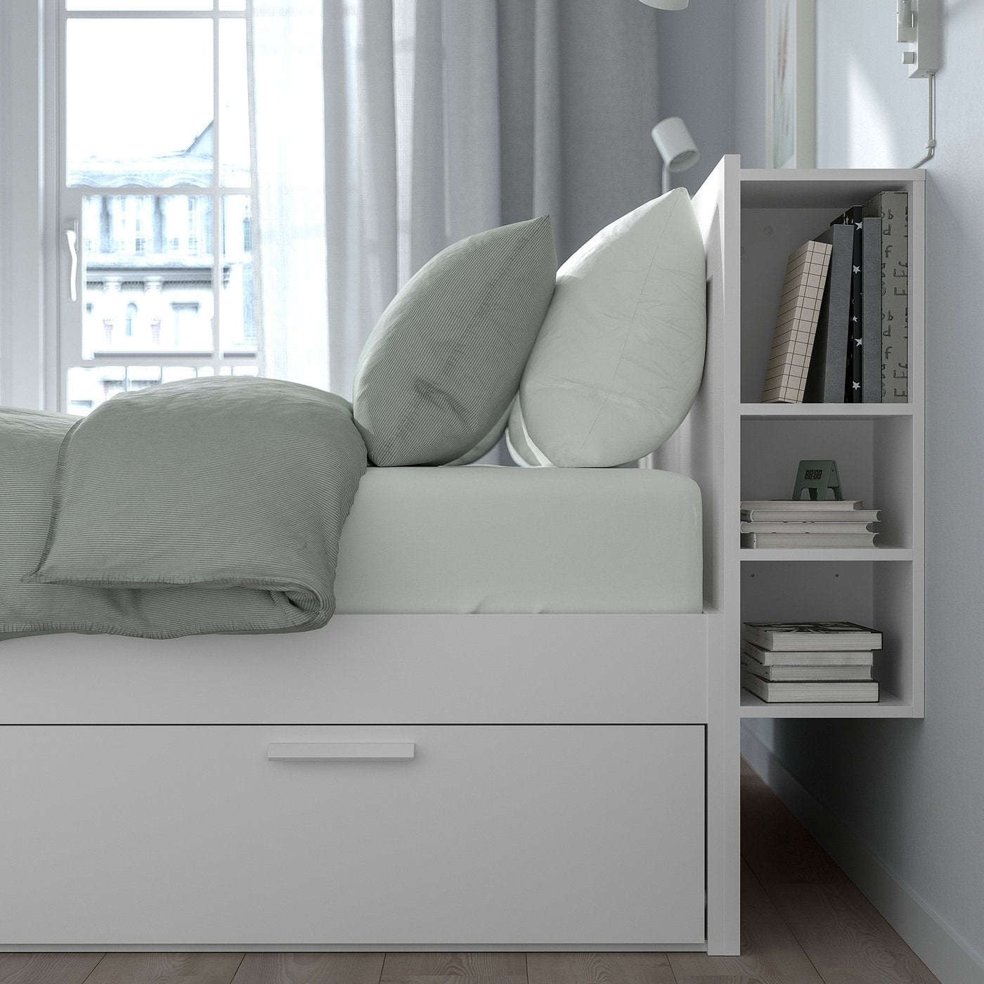 BRIMNES bed frame w storage and headboard, white/Lillhällan, 200x140 cm