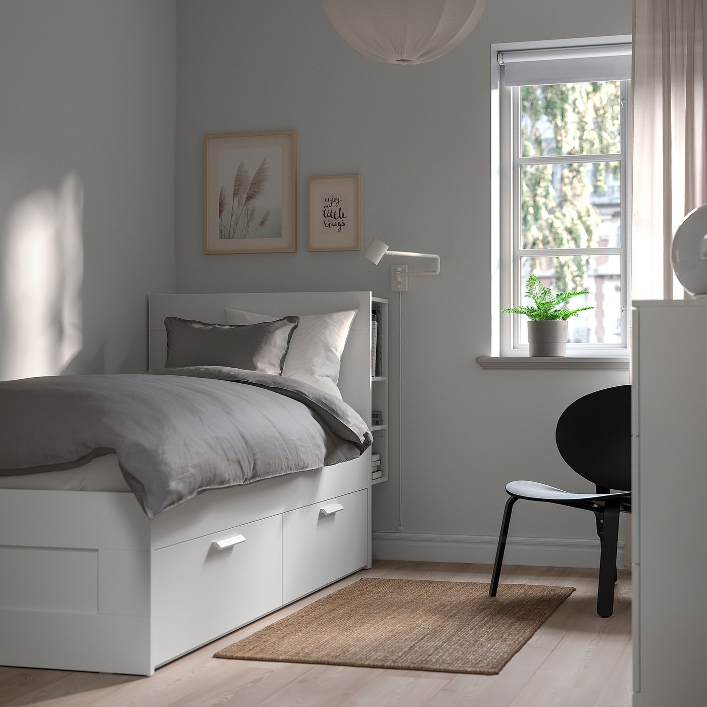 BRIMNES bed frame w storage and headboard, white/Lillhällan, 90x200 cm
