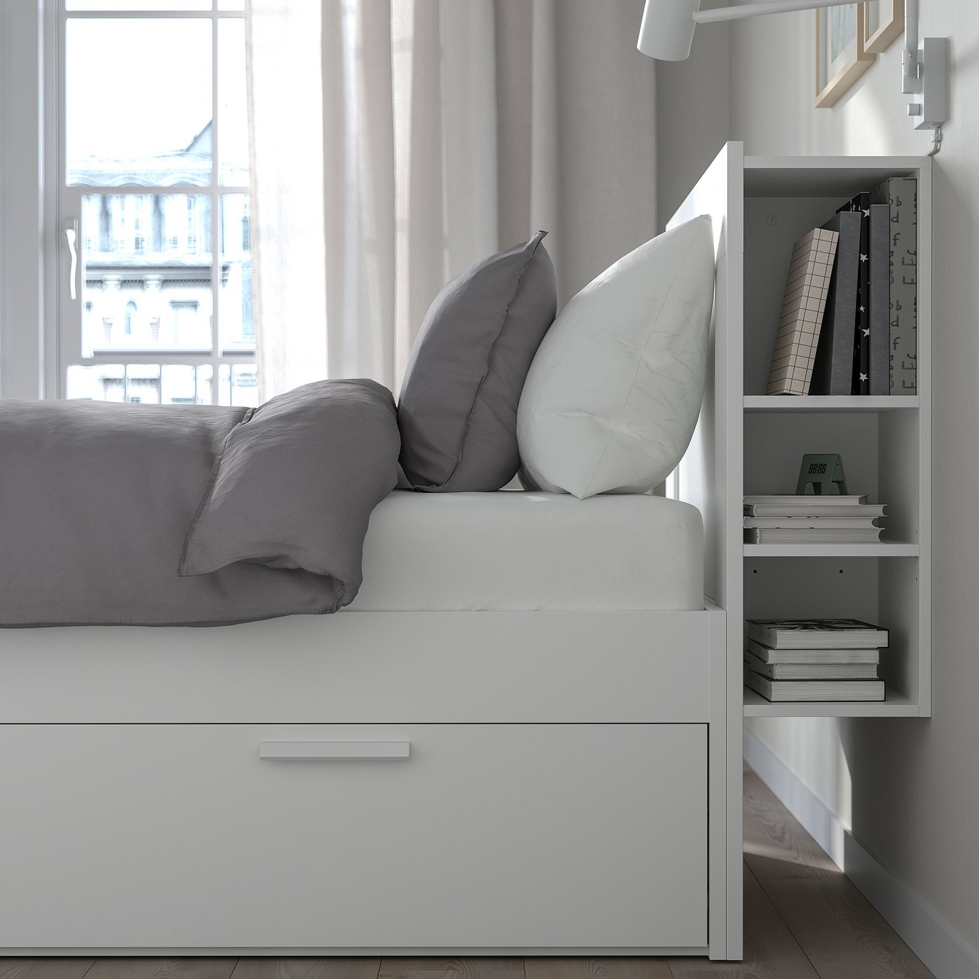BRIMNES bed frame w storage and headboard, white/Lillhällan, 200x90 cm