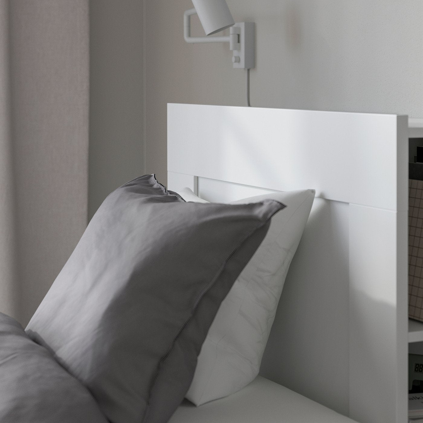 BRIMNES bed frame w storage and headboard, white/Lillhällan, 200x90 cm