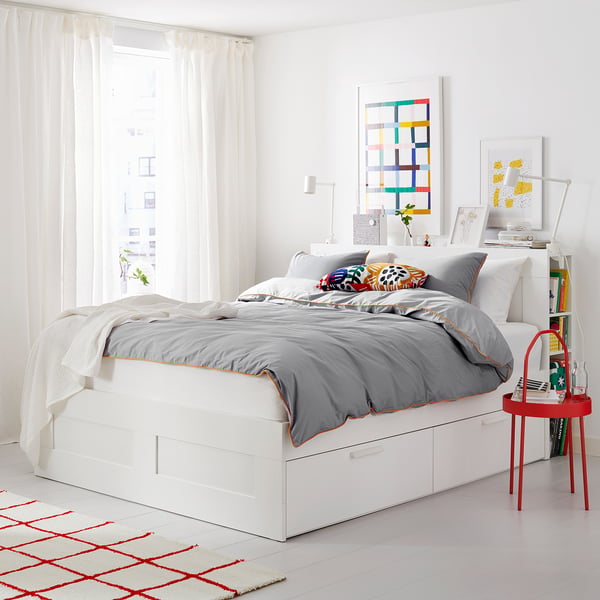BRIMNES bed frame w storage and headboard, white/Lönset, 140x200 cm