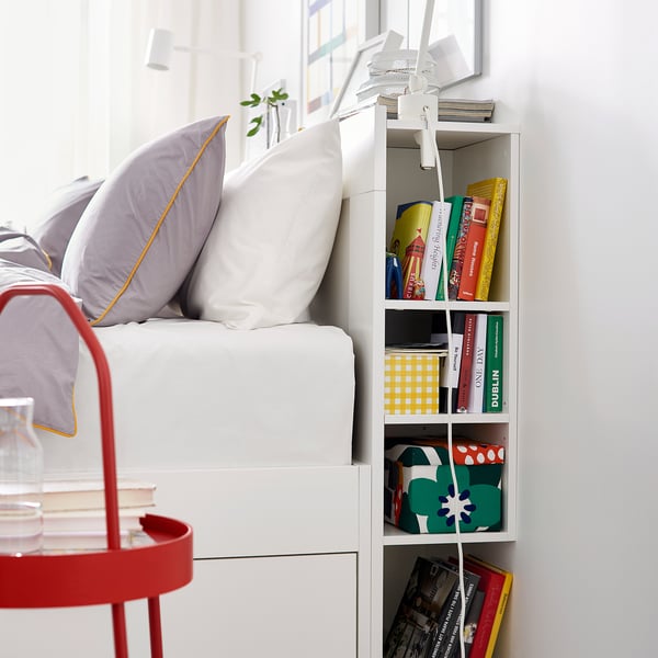 BRIMNES bed frame w storage and headboard, white/Lönset, 140x200 cm