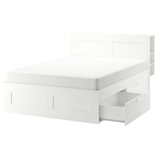 BRIMNES bed frame w storage and headboard, white/Lönset, 140x200 cm