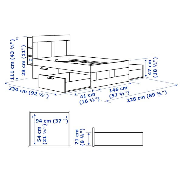 BRIMNES Bed/contenit/headboard structure - black/Leirsund 140x200 cm ,