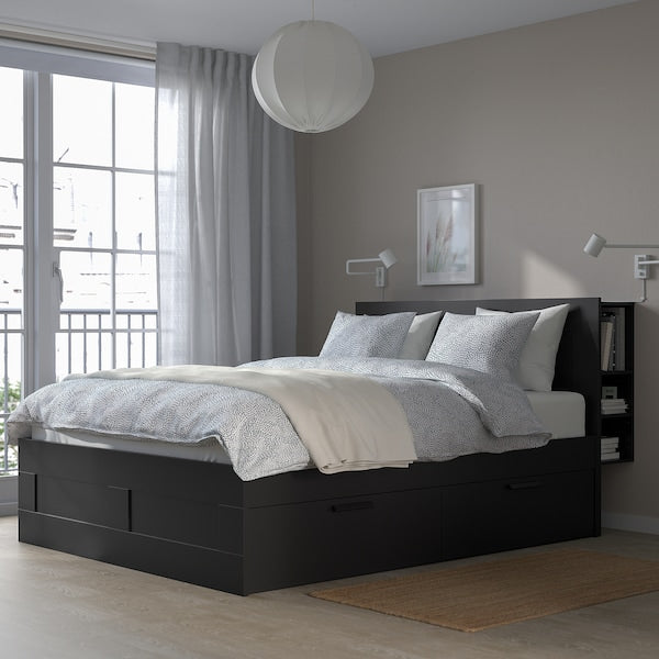 BRIMNES Bed/contenit/headboard structure - black/Leirsund 160x200 cm