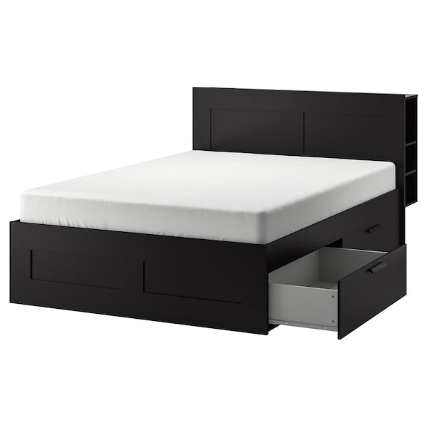 BRIMNES Bed frame / storage / headboard, black / Lindbåden,160x200 cm