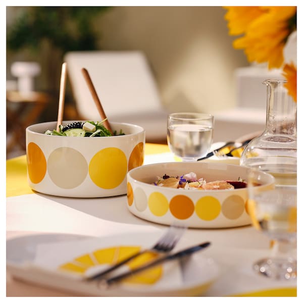 BRÖGGAN - Bowl, dot pattern white/yellow, 20 cm