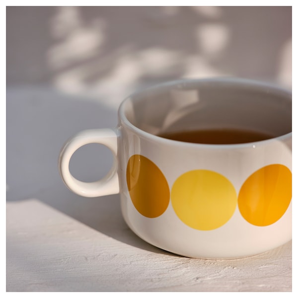 BRÖGGAN - Mug, dot pattern white/yellow, 28 cl