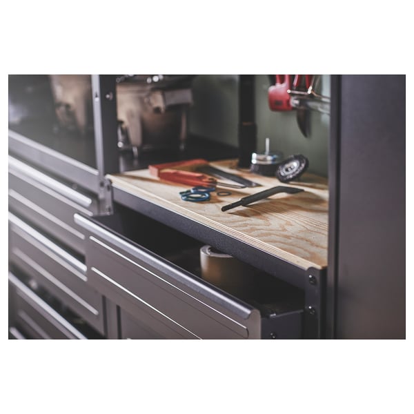 BROR work bench with drawers, black/pine plywood, 85x40x89 cm