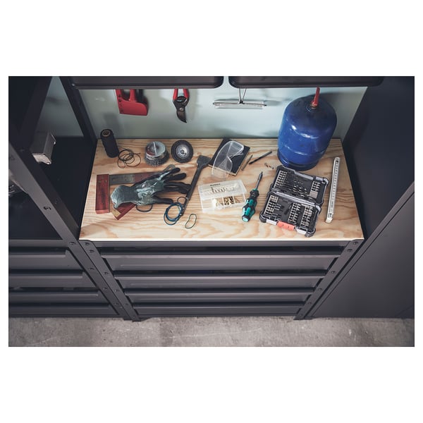 BROR work bench with drawers, black/pine plywood, 85x40x89 cm