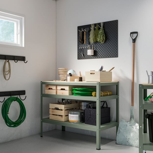 BROR work bench, grey-green/pine plywood, 110x55 cm