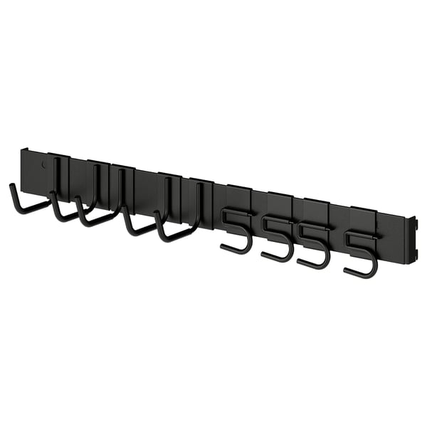 BROR rail with hooks, black, 84x12x17 cm