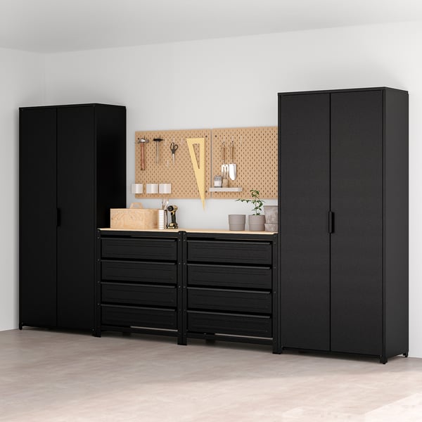 BROR storage with cabinet/work bench, black/pine plywood, 340x40x191 cm