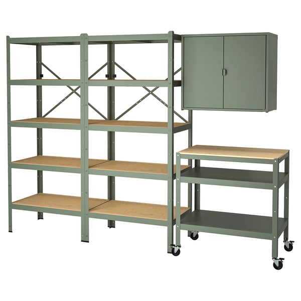 BROR storage w shelves/cabinet/trolley, grey-green/pine plywood
