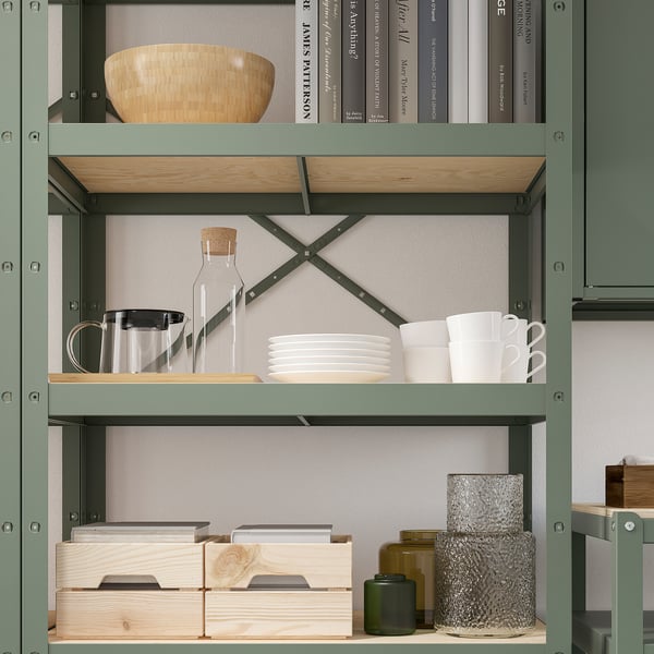 BROR storage w shelves/cabinet/trolley, grey-green/pine plywood