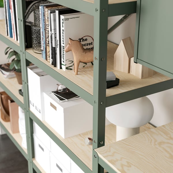 BROR storage w shelves/cabinet/trolley, grey-green/pine plywood