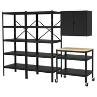 BROR storage w shelves/cabinet/trolley, black/pine plywood