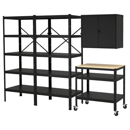 BROR storage w shelves/cabinet/trolley, black/pine plywood