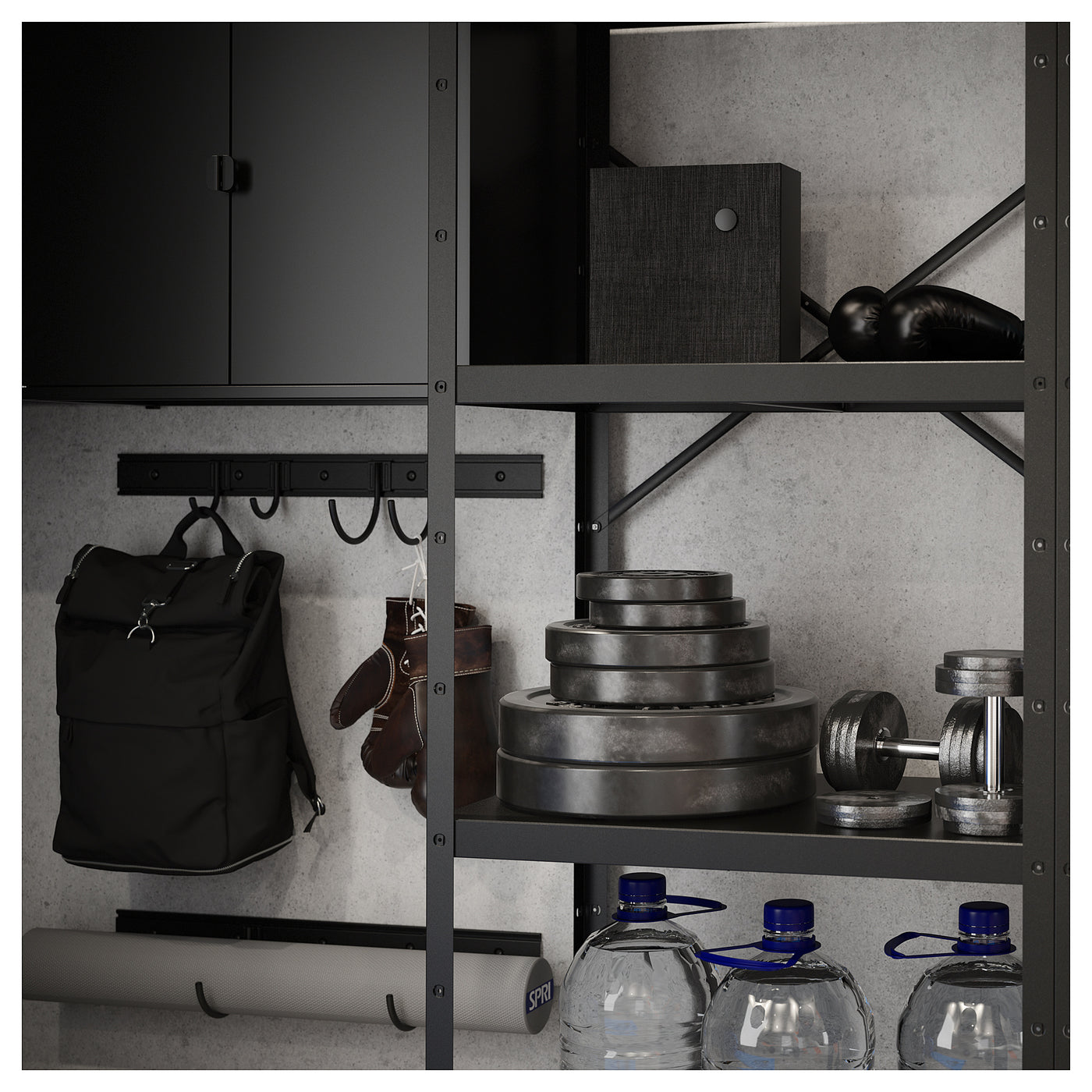 BROR storage w shelves/cabinet/trolley, black/pine plywood