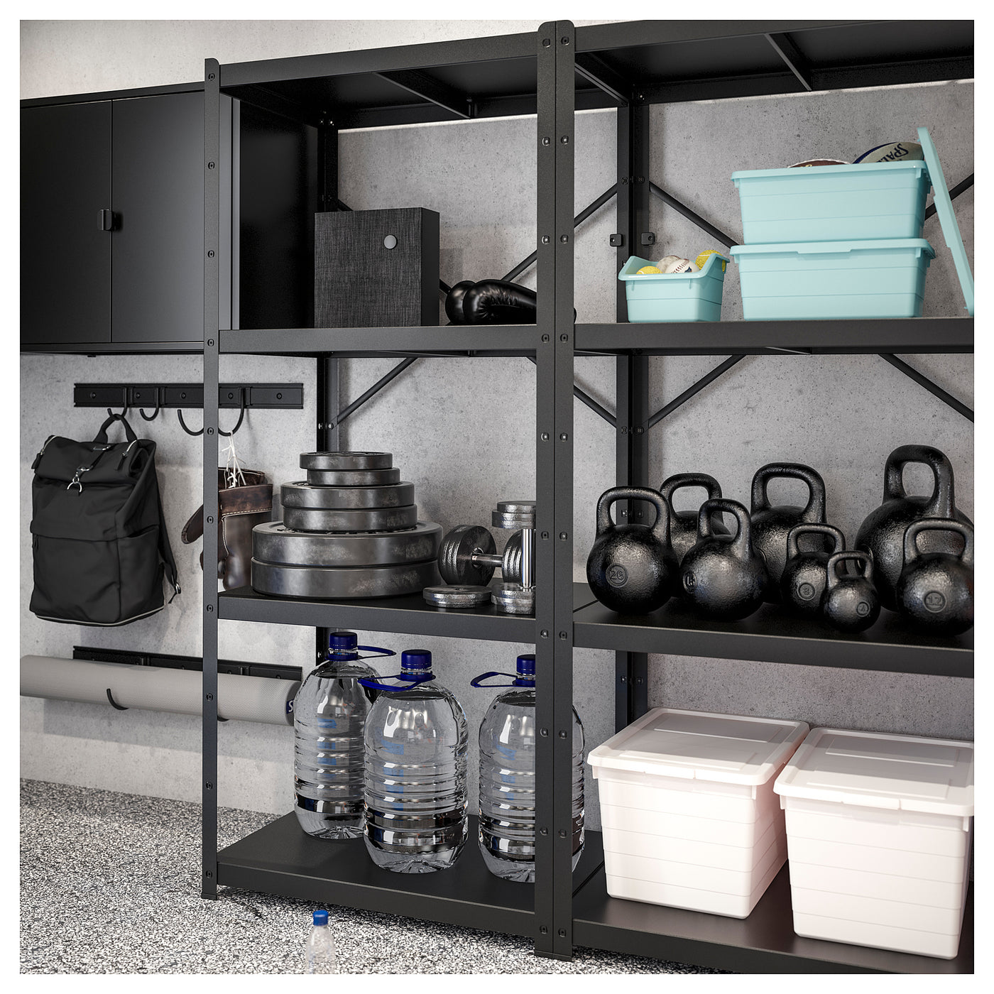 BROR storage w shelves/cabinet/trolley, black/pine plywood