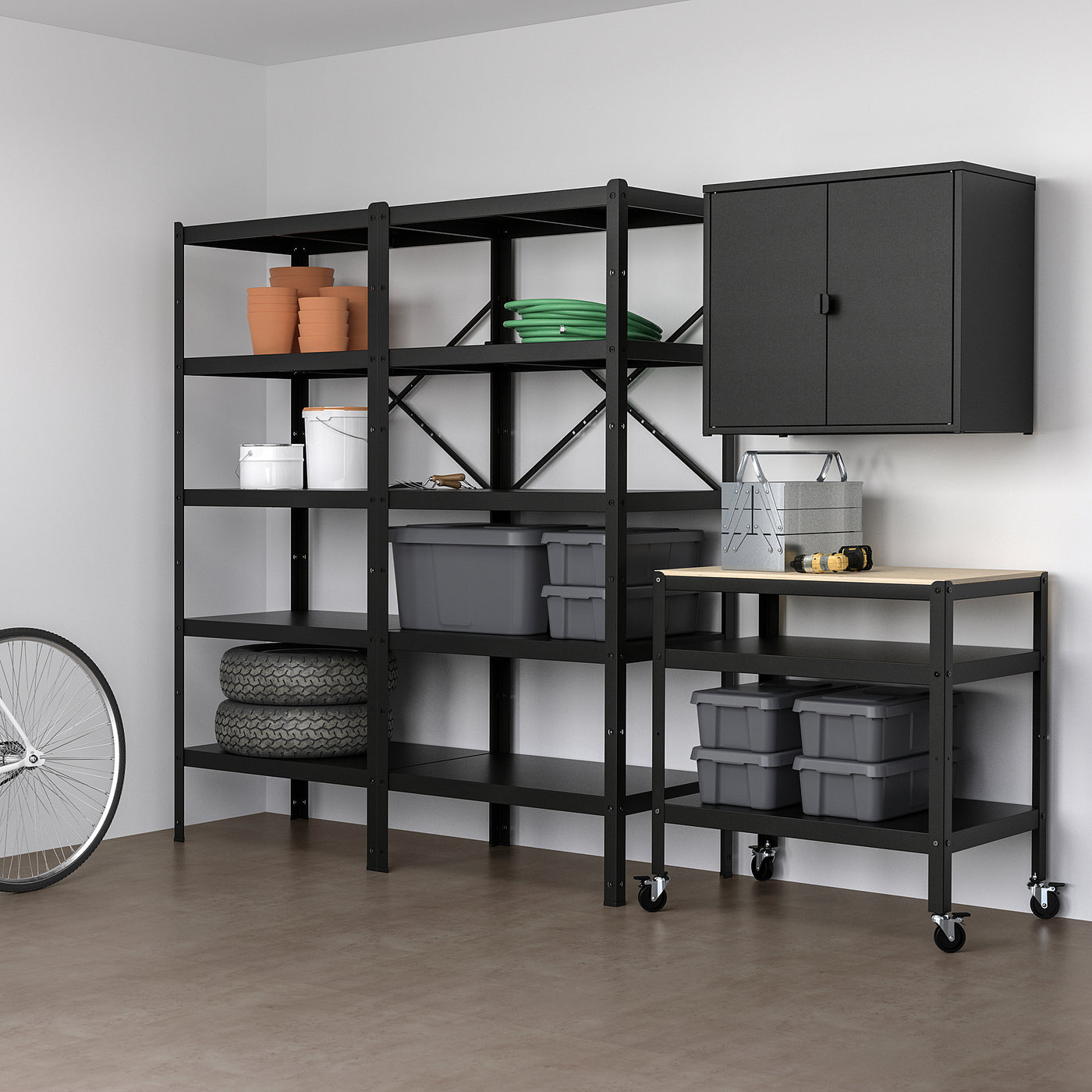 BROR storage w shelves/cabinet/trolley, black/pine plywood
