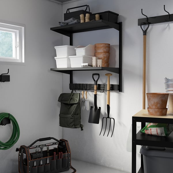 BROR - BROR Wall shelf combination, with hooks/2 shelves/black, 88x45x90 cm