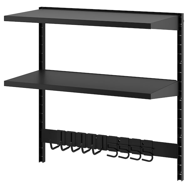 BROR - Wall shelf combination, with hooks/2 shelves/black, 88x45x90 cm