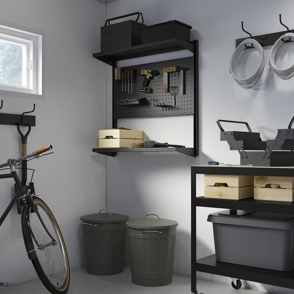 BROR wall shelf combination, with pegboard/2 shelves/black, 88x30x90 cm