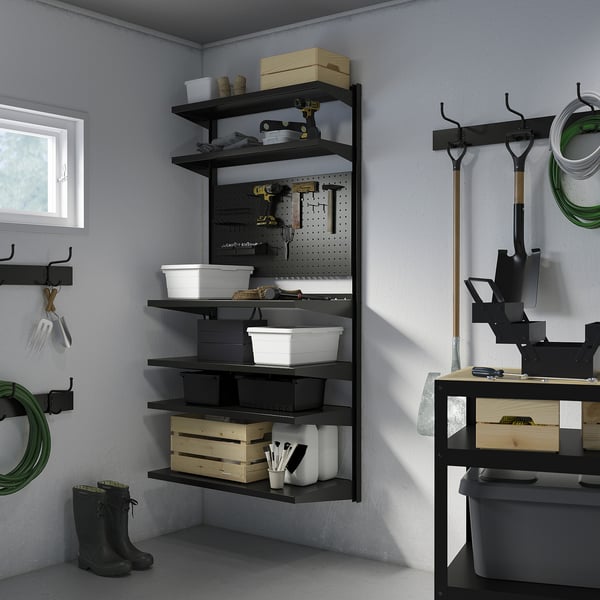 BROR - BROR Wall shelf combination, with pegboard/black, 88x30/45x180 cm