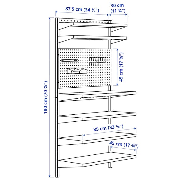 BROR - Wall shelf combination, with pegboard/black, 88x30/45x180 cm