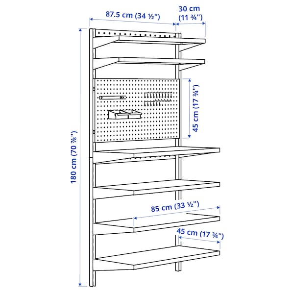 Ikea BROR - Wall shelf combination, with pegboard/black, 88x30/45x180 cm