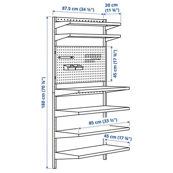 BROR wall shelf combination, with pegboard/black, 88x30/45x180 cm