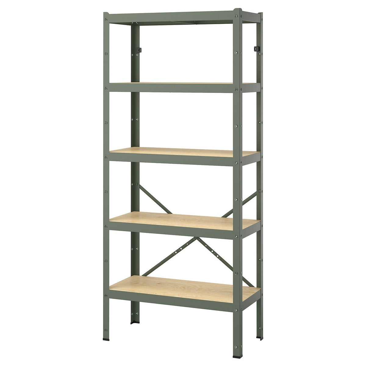 BROR shelving unit, with 5 shelves grey-green/pine plywood, 85x40x190 cm