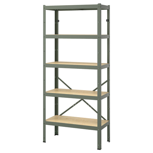 BROR shelving unit, with 5 shelves grey-green/pine plywood, 85x40x190 cm