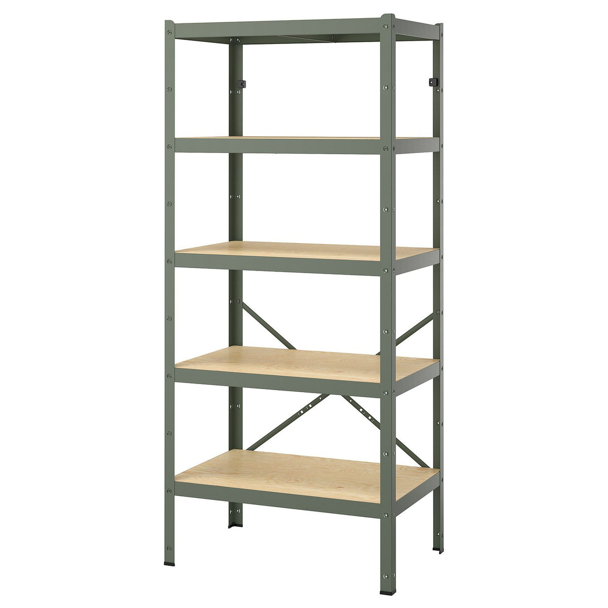 BROR shelving unit, with 5 shelves grey-green/pine plywood, 85x55x190 cm