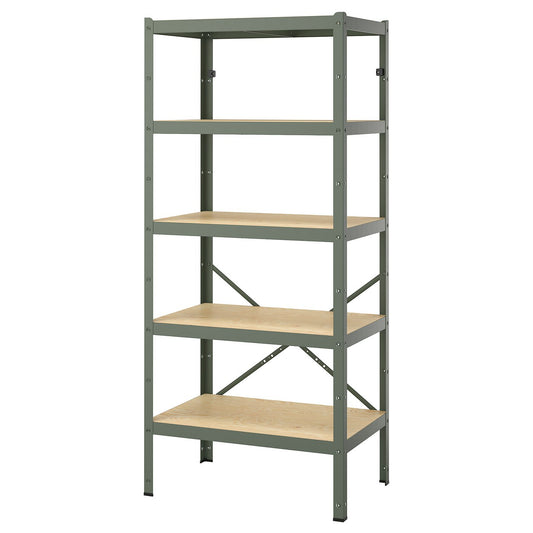 BROR shelving unit, with 5 shelves grey-green/pine plywood, 85x55x190 cm
