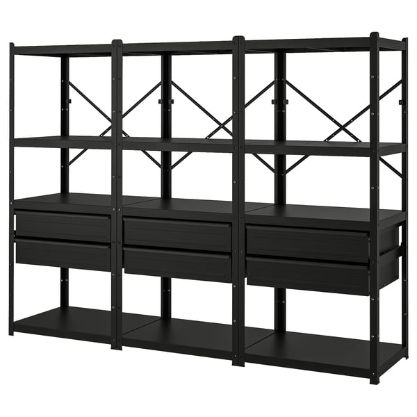 BROR - BROR Shelving unit with drawers/shelves, black, 254x55x190 cm