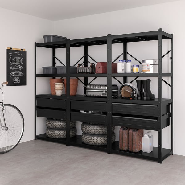 BROR - BROR Shelving unit with drawers/shelves, black, 254x55x190 cm