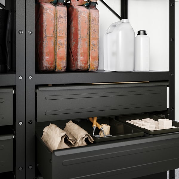 BROR - BROR Shelving unit with drawers/shelves, black, 254x55x190 cm