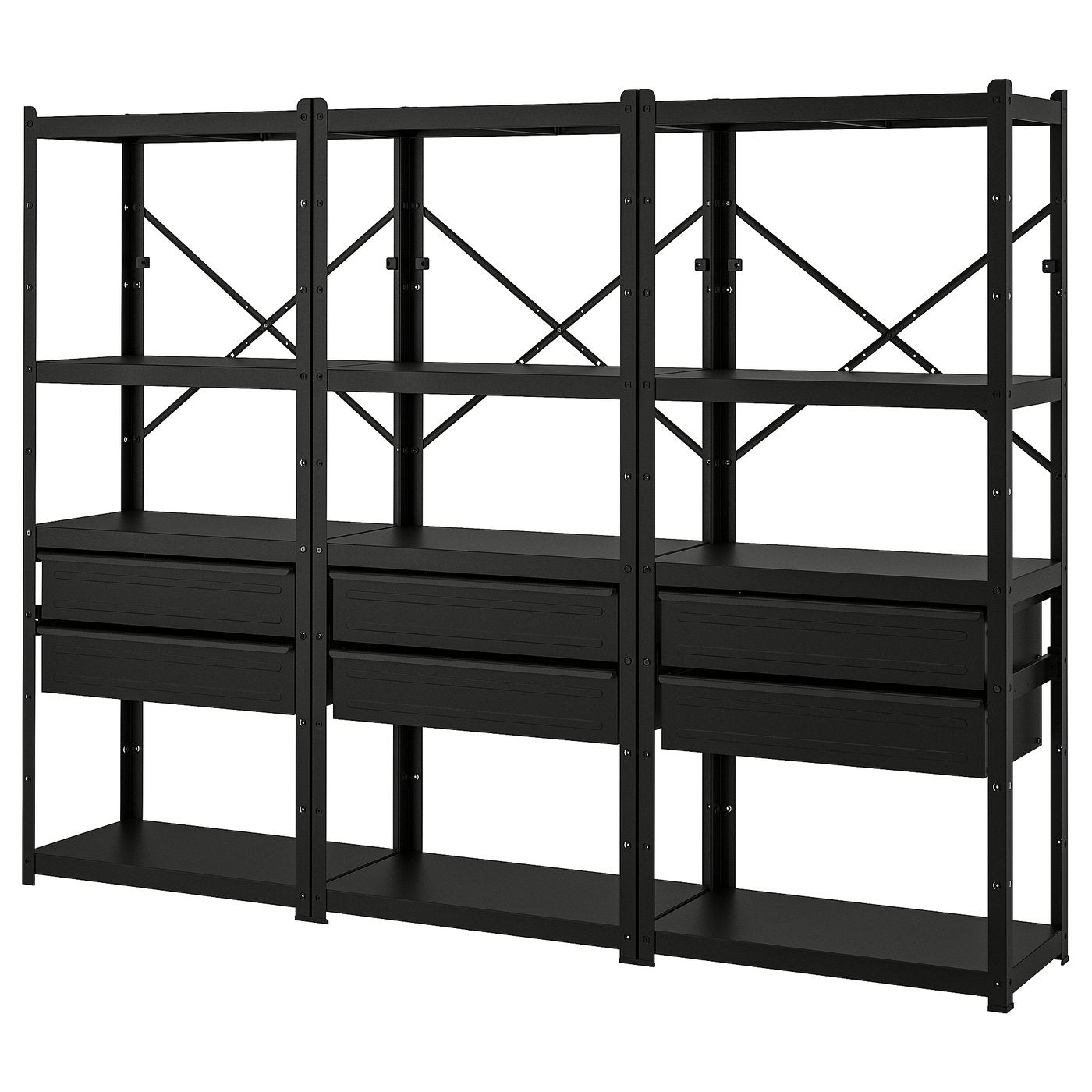 BROR shelving unit with drawers/shelves, black, 254x40x190 cm